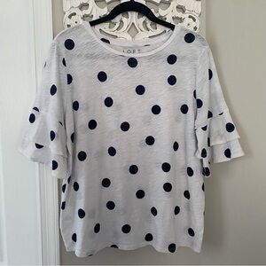 LOFT Vintage Soft Polkadot Peplum Ruffle Sleeve Burn Out Top Nautical